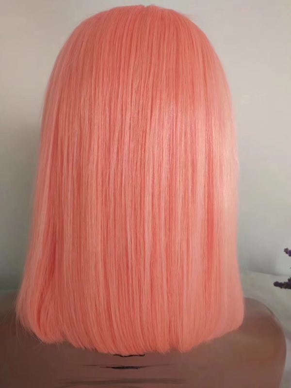 12 Inch Pink colored Human Hair Bob Lace Front Wig YL244